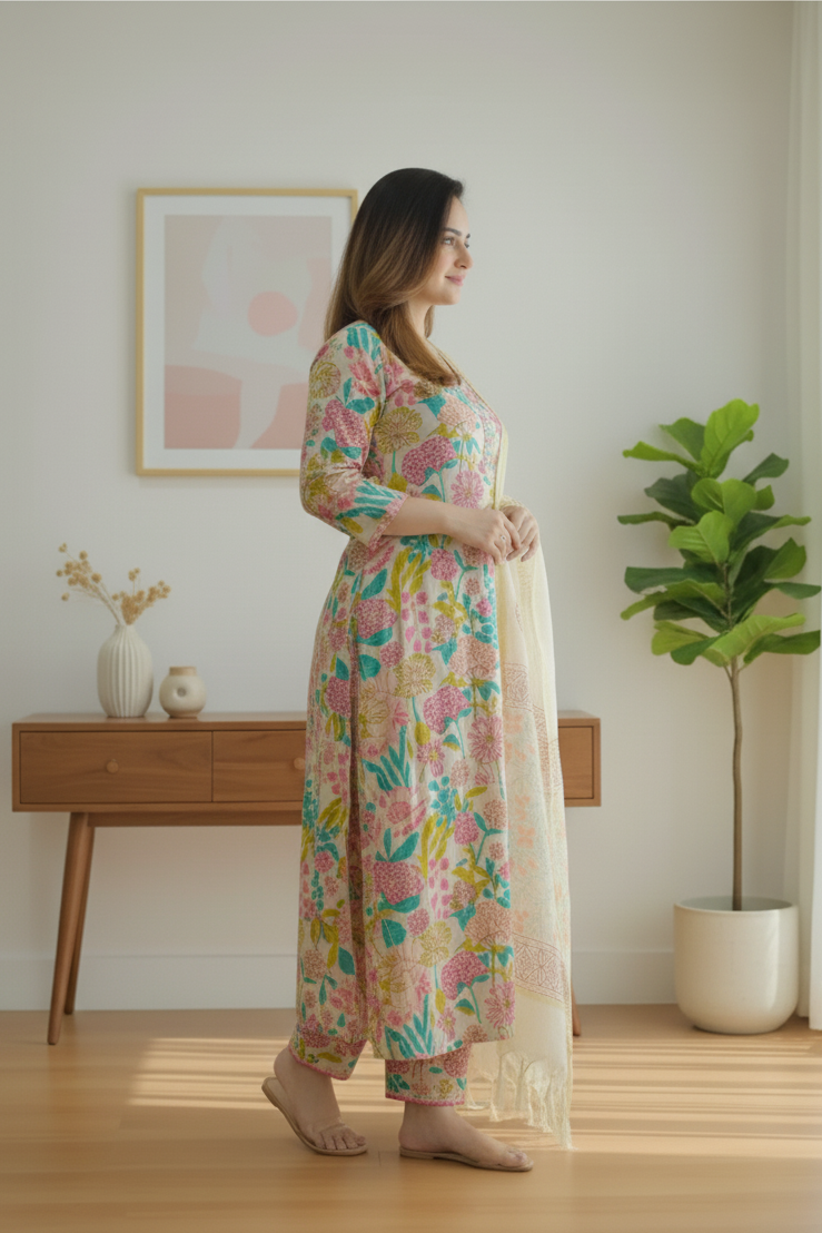 Multicolor Women's Beige Floral Kurta Pant & Dupatta Set