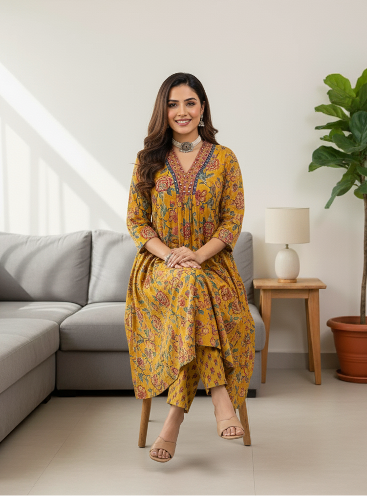 Women's Yellow Floral Anarkali Kurta Pant And Dupatta Set
