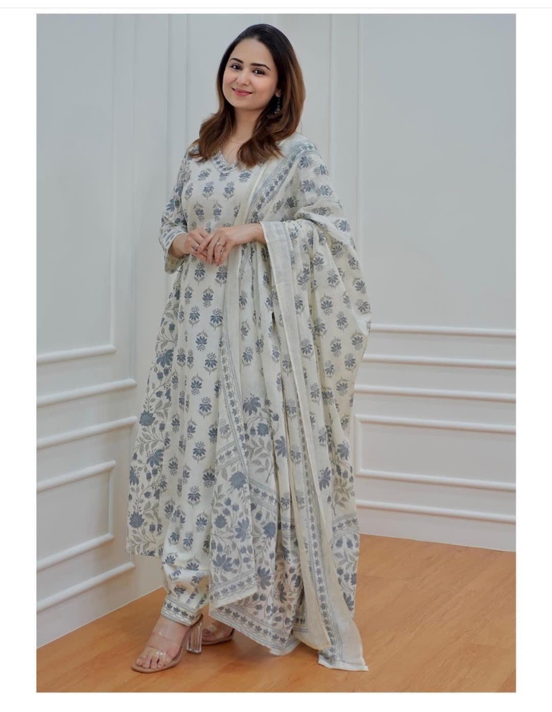 Blue Women's Beautiful Block Print Nyra-Cut Kurta Pant & Dupatta Set