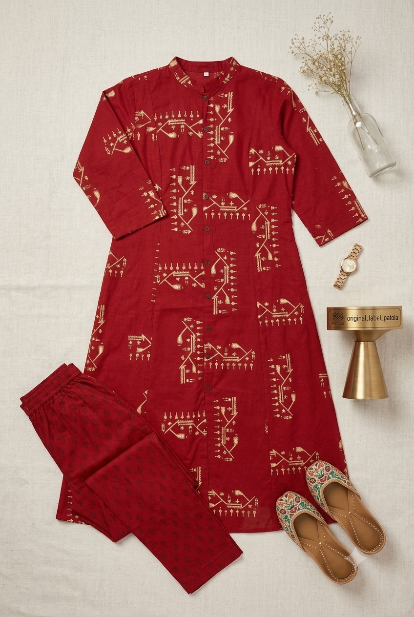Artisanal Red & Gold Ikat-Inspired Kurta and Pant Set