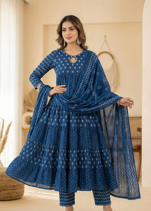 Elevate your everyday ethnic style with this stunning Indigo Blue Tiered Suit Set