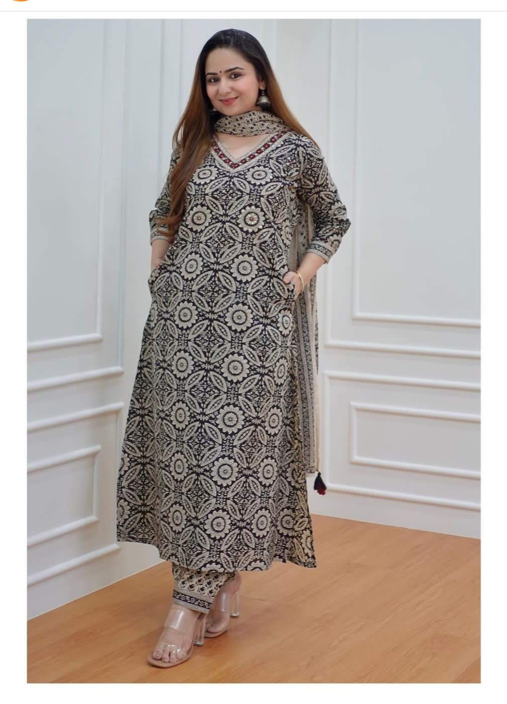 Off White and Black Women's Floral Printed Regular Pure Cotton Kurta with Trousers & With Dupatta