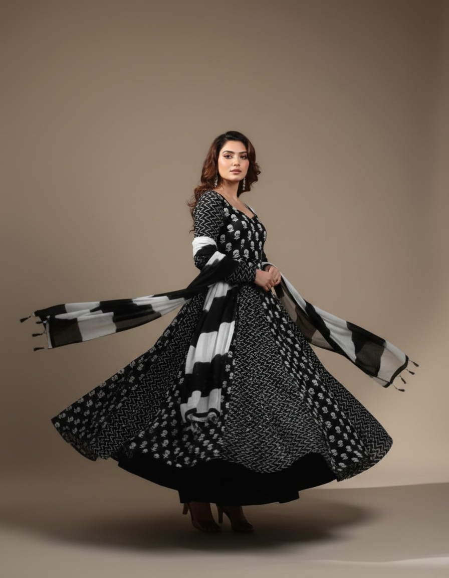 Black & White Cotton Blend Gown And Dupatta Set for women