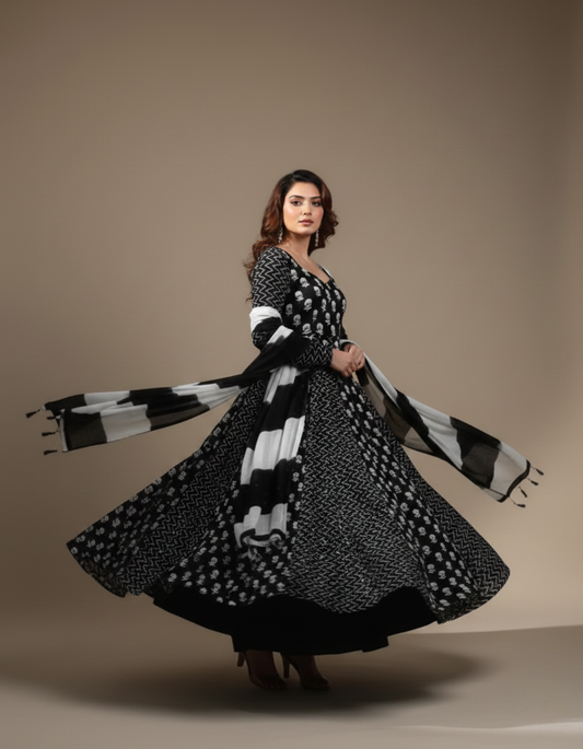 Black & White Cotton Blend Gown And Dupatta Set for women