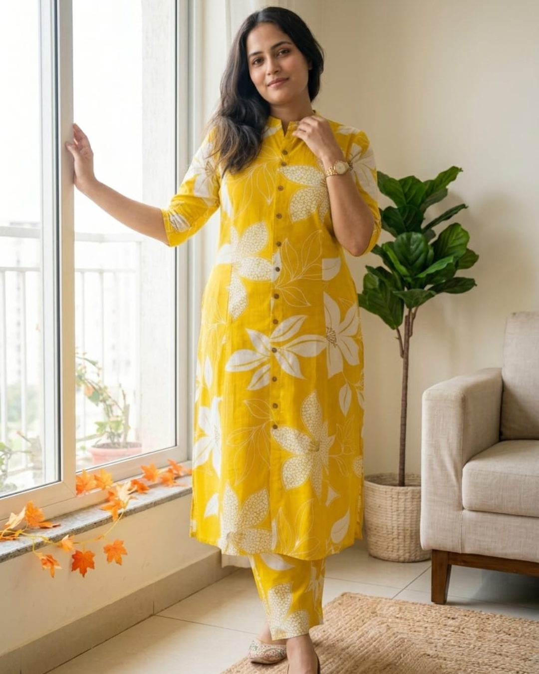 Mango Yellow Floral Block Printed Kurta & Pant Set