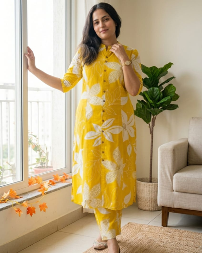 Mango Yellow Floral Block Printed Kurta & Pant Set