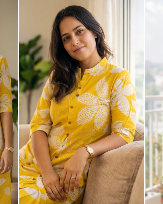 Mango Yellow Floral Block Printed Kurta & Pant Set