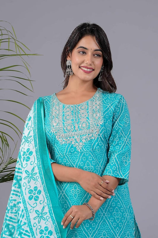 Blue Women's Pure Cotton Embroidered Kurta Pant Set with Cotton Dupatta Set, Office Wear and Regular