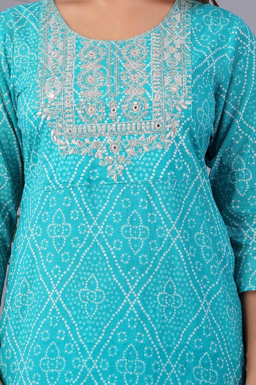 Blue Women's Pure Cotton Embroidered Kurta Pant Set with Cotton Dupatta Set, Office Wear and Regular