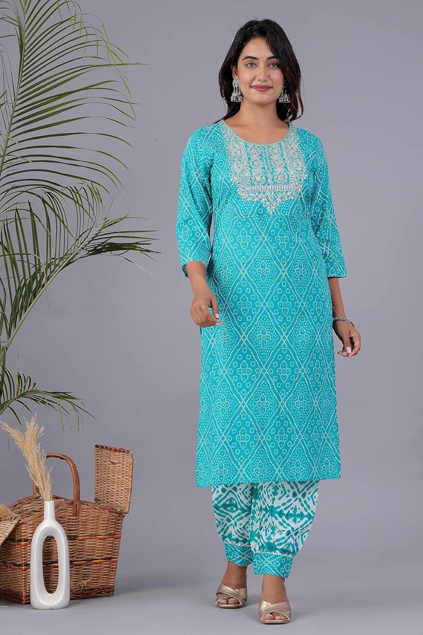 Blue Women's Pure Cotton Embroidered Kurta Pant Set with Cotton Dupatta Set, Office Wear and Regular