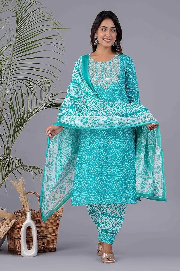 Blue Women's Pure Cotton Embroidered Kurta Pant Set with Cotton Dupatta Set, Office Wear and Regular