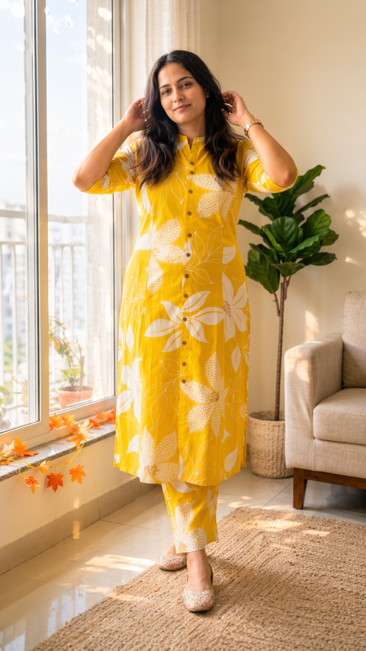 Mango Yellow Floral Block Printed Kurta & Pant Set