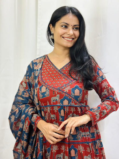 Red Cherry Red Printed Cotton Angrakha Anarkali Style Trouser Suit
