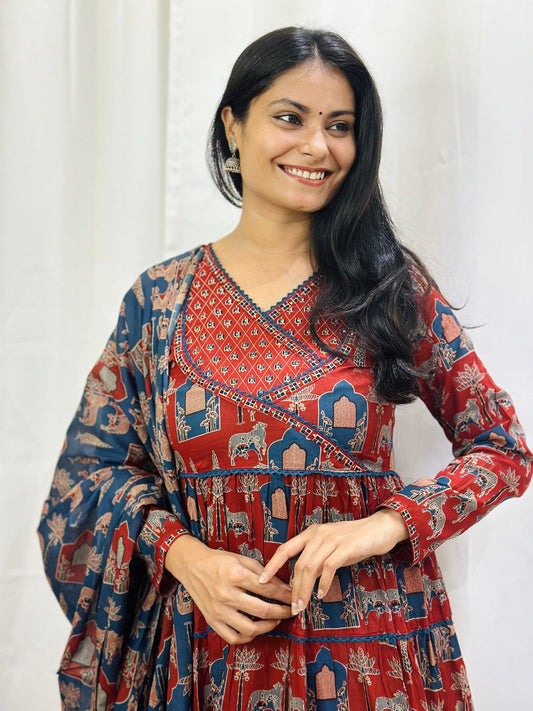 Red Cherry Red Printed Cotton Angrakha Anarkali Style Trouser Suit