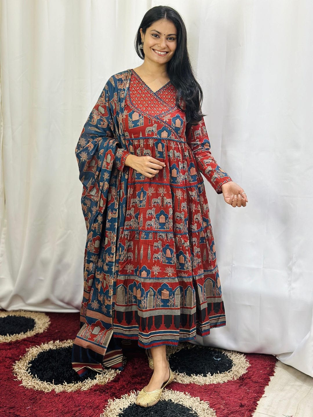 Red Cherry Red Printed Cotton Angrakha Anarkali Style Trouser Suit