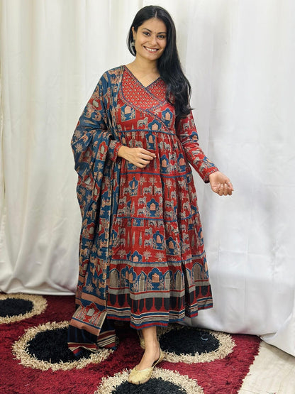 Red Cherry Red Printed Cotton Angrakha Anarkali Style Trouser Suit
