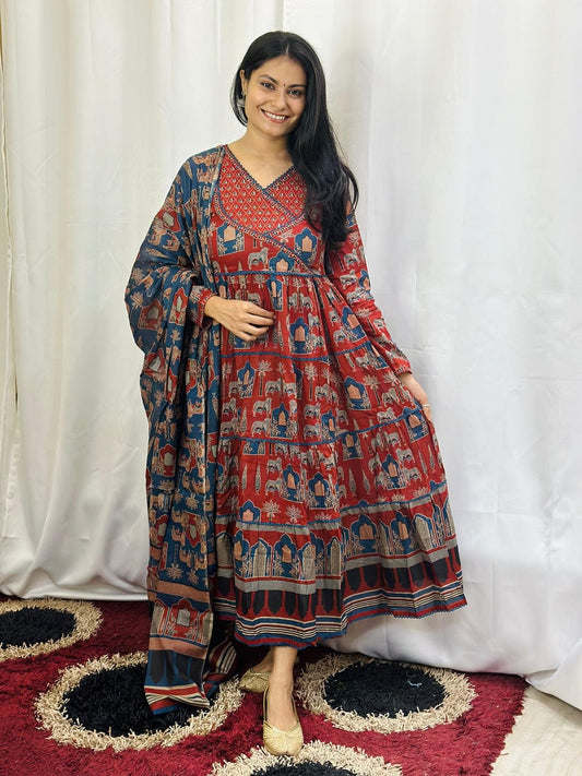 Red Cherry Red Printed Cotton Angrakha Anarkali Style Trouser Suit