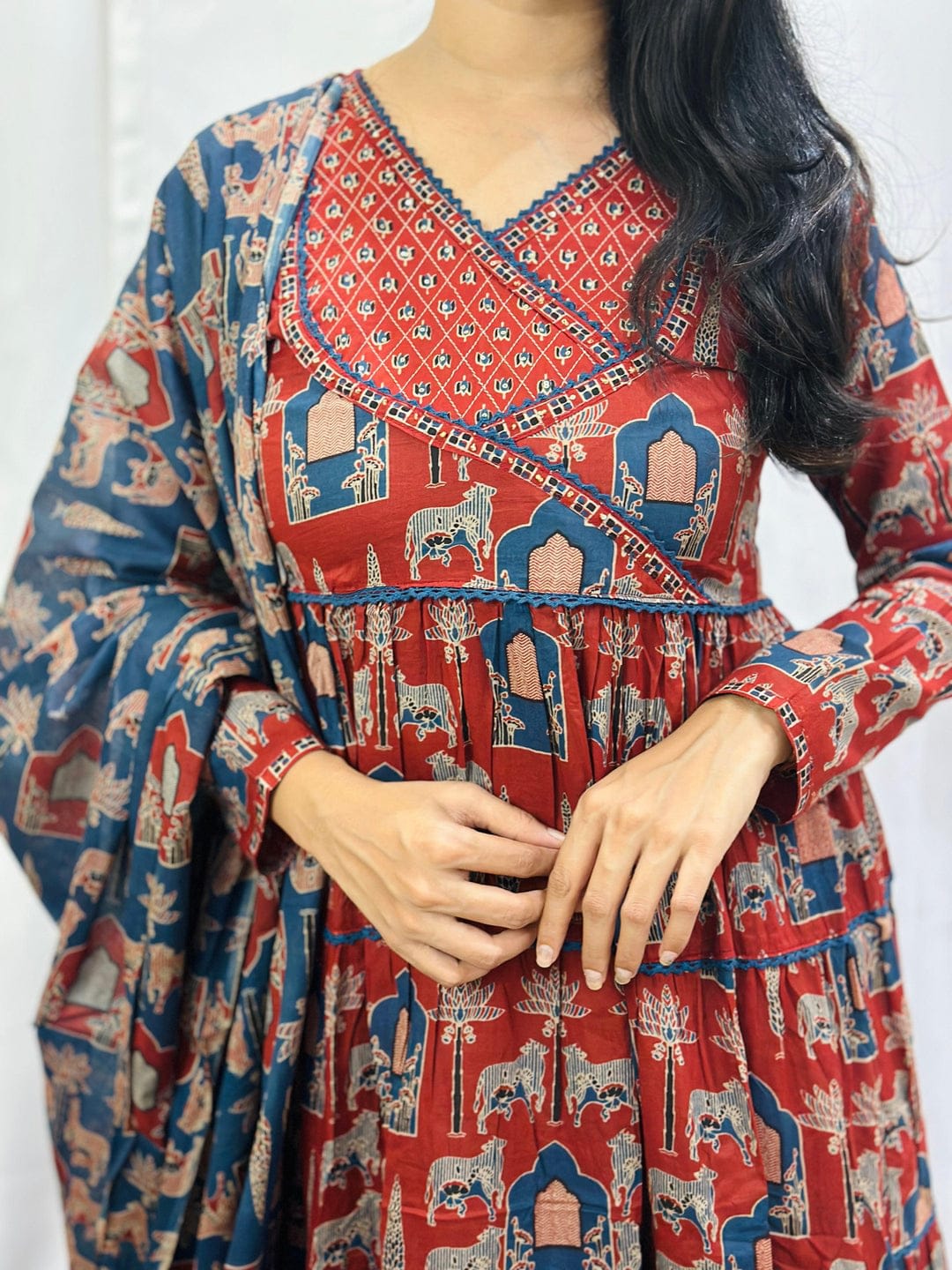 Red Cherry Red Printed Cotton Angrakha Anarkali Style Trouser Suit