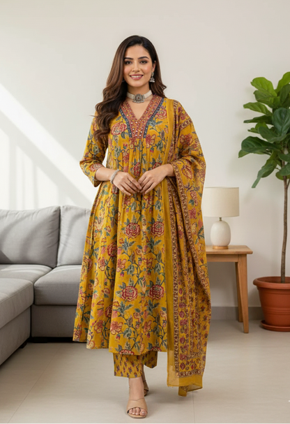 Women's Yellow Floral Anarkali Kurta Pant And Dupatta Set