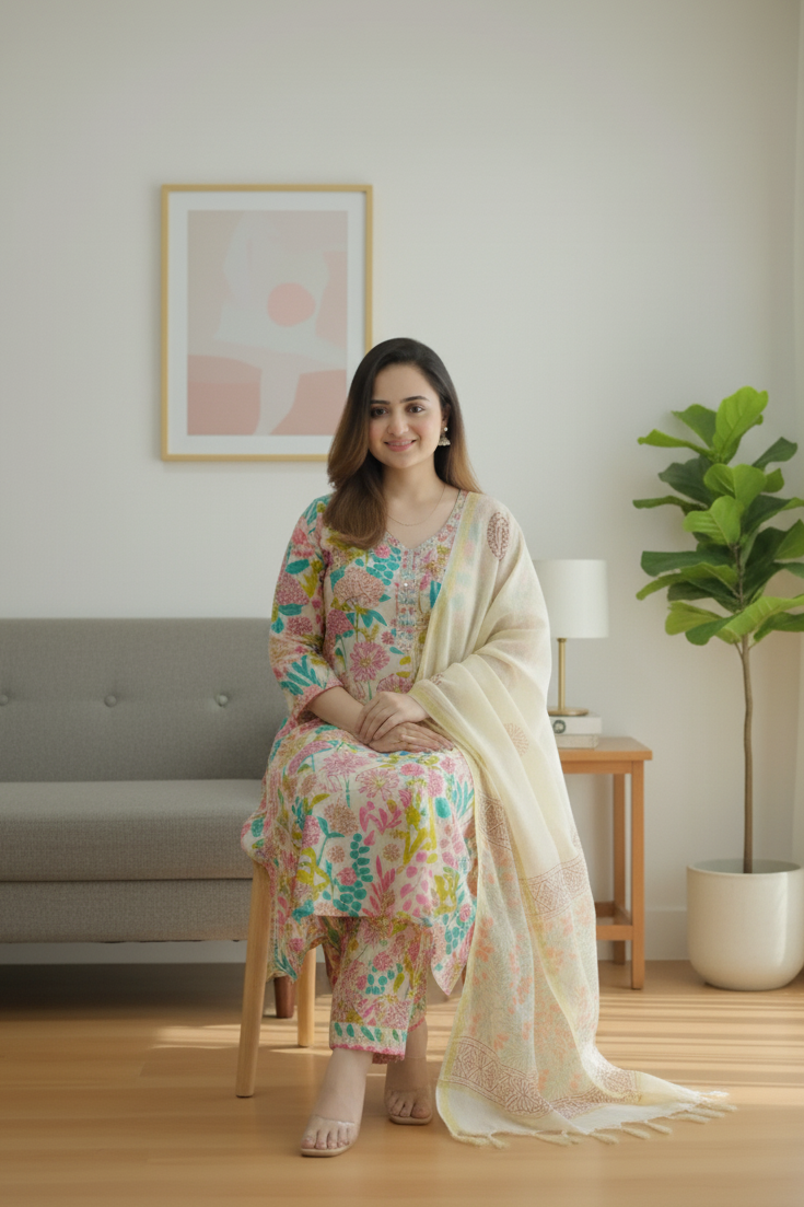 Multicolor Women's Beige Floral Kurta Pant & Dupatta Set