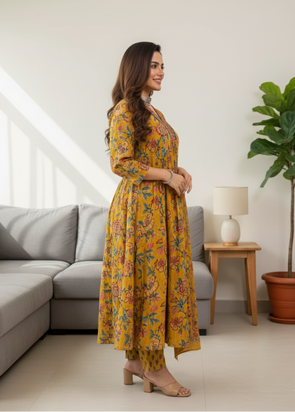Women's Yellow Floral Anarkali Kurta Pant And Dupatta Set