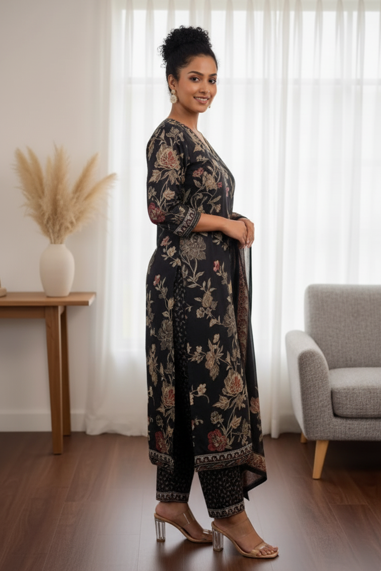 Women's Elegant Black Floral Print Kurti with Matching Afghani Pant and Dupatta Set
