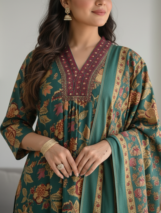 Women's Green Floral Anarkali Kurta Pant And Dupatta Set