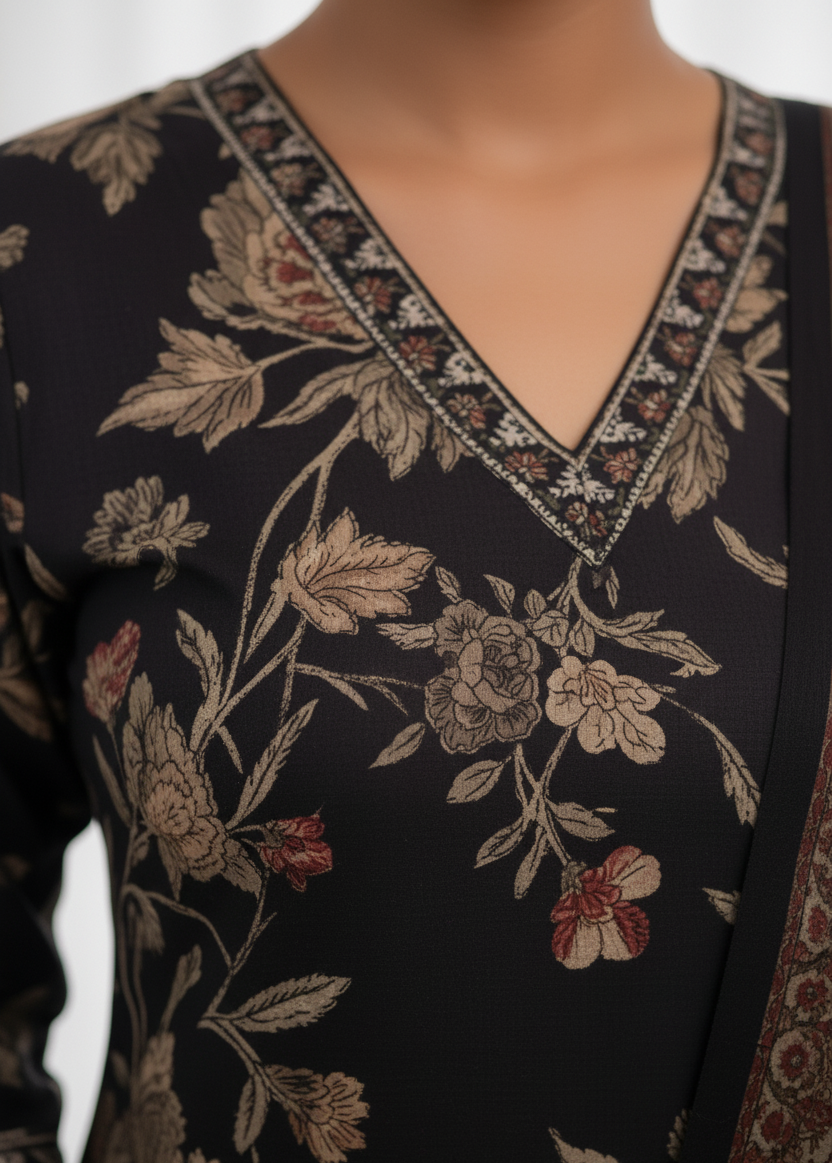 Women's Elegant Black Floral Print Kurti with Matching Afghani Pant and Dupatta Set