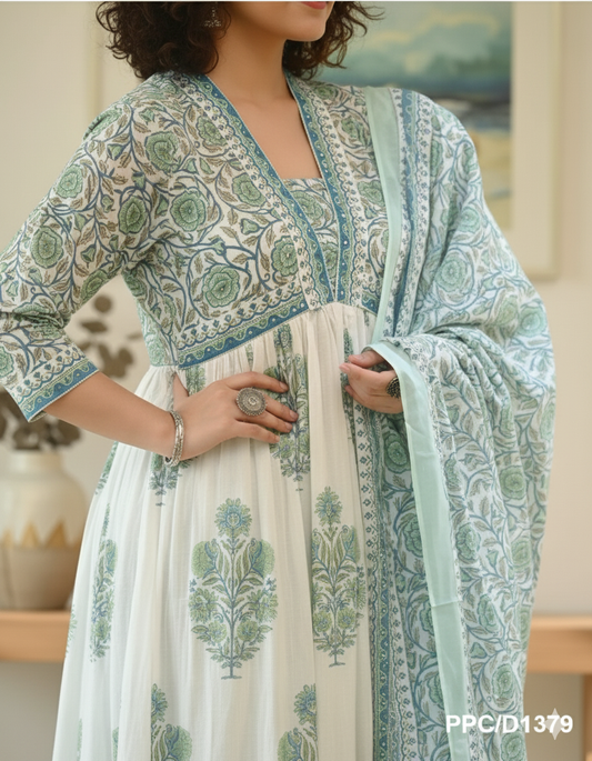 White & Green Cambric Cotton Mughal Butta Print Alia-Cut Kurta Pant & Dupatta Set