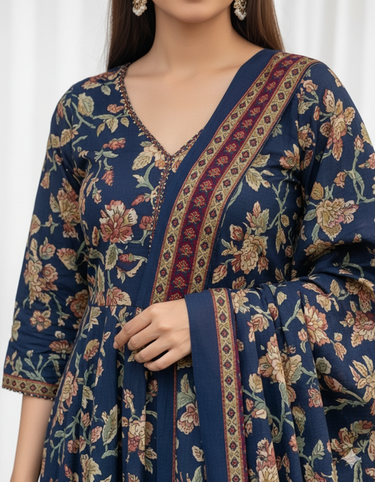 Women's Navy Blue Floral Anarkali Kurta Pant And Dupatta Set
