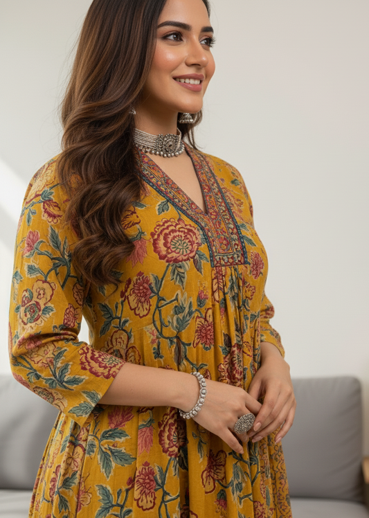 Women's Yellow Floral Anarkali Kurta Pant And Dupatta Set