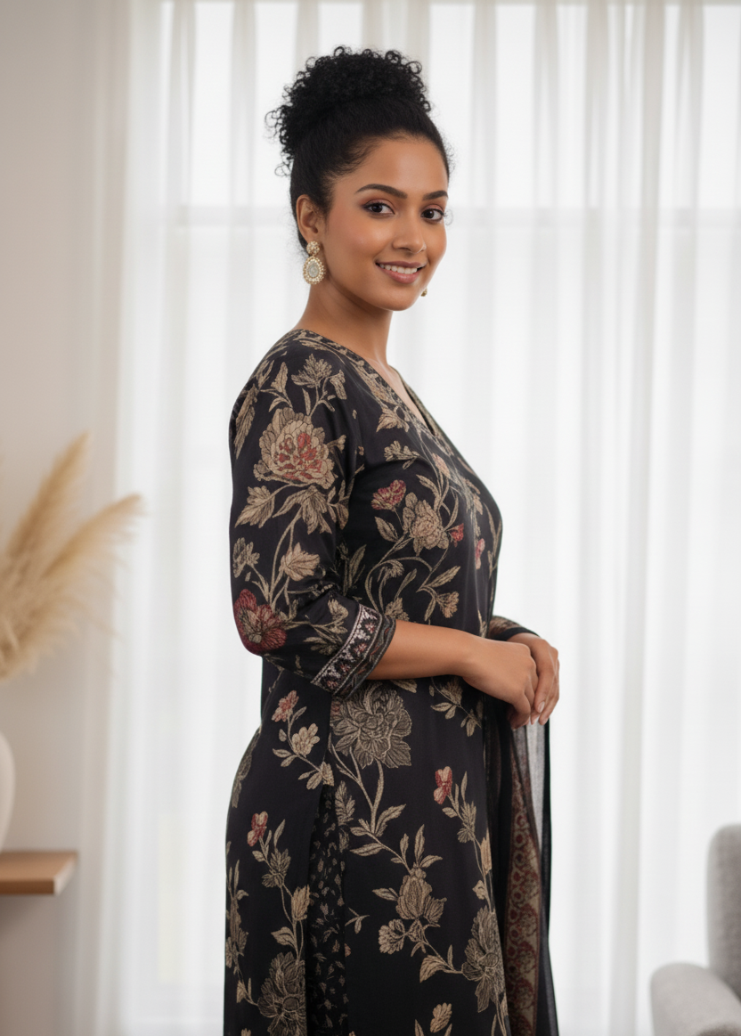 Women's Elegant Black Floral Print Kurti with Matching Afghani Pant and Dupatta Set