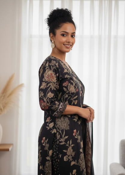 Women's Elegant Black Floral Print Kurti with Matching Afghani Pant and Dupatta Set