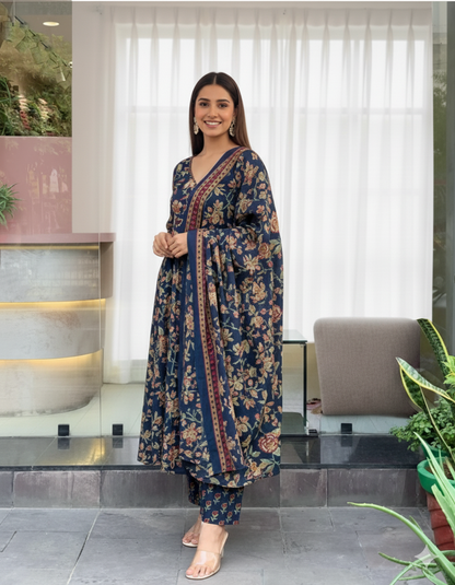 Women's Navy Blue Floral Anarkali Kurta Pant And Dupatta Set