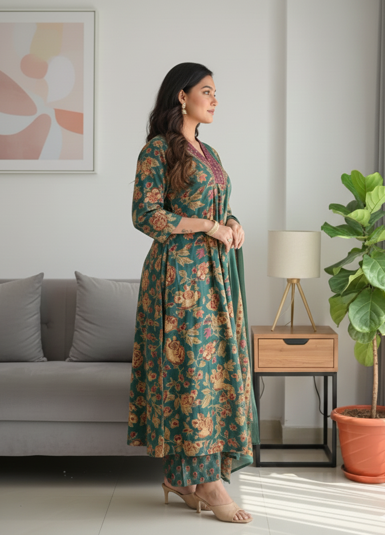 Women's Green Floral Anarkali Kurta Pant And Dupatta Set