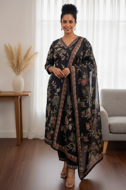 Women's Elegant Black Floral Print Kurti with Matching Afghani Pant and Dupatta Set