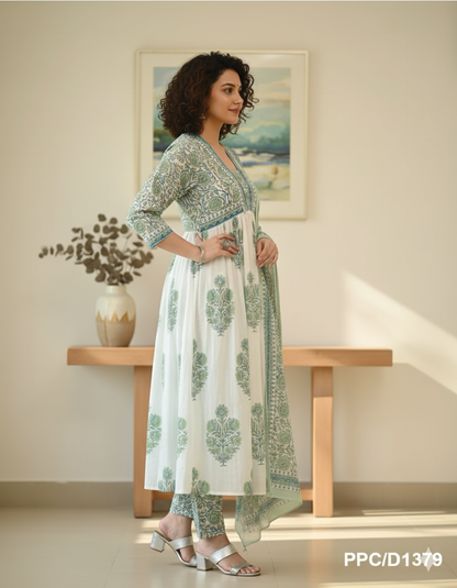 White & Green Cambric Cotton Mughal Butta Print Alia-Cut Kurta Pant & Dupatta Set