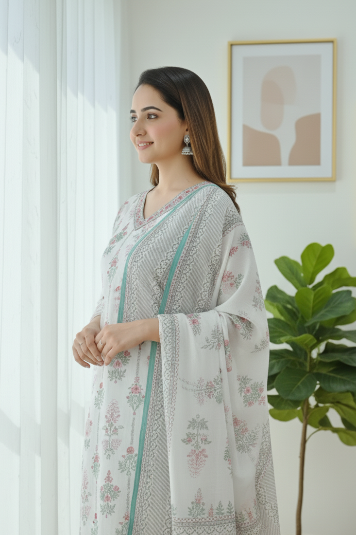White Women's Block Printed Floral Kurta Pant & Dupatta Set