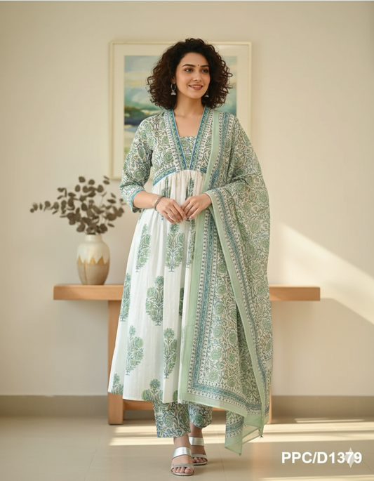 White & Green Cambric Cotton Mughal Butta Print Alia-Cut Kurta Pant & Dupatta Set