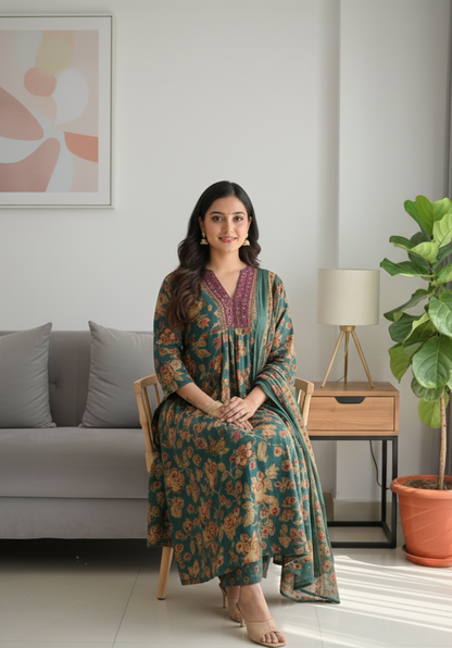 Women's Green Floral Anarkali Kurta Pant And Dupatta Set