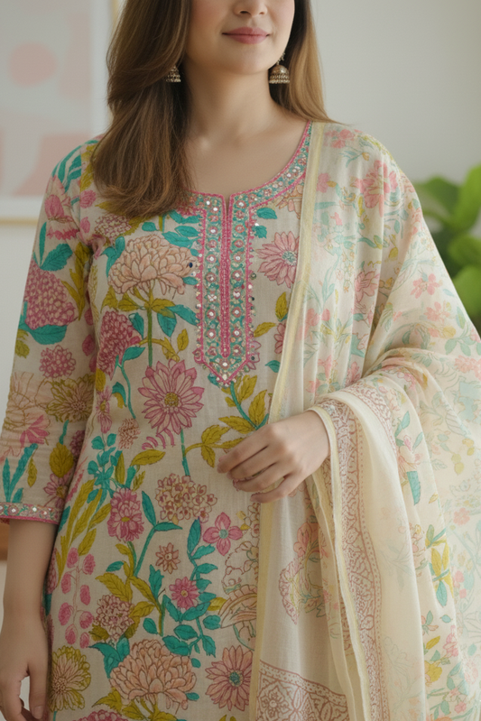 Multicolor Women's Beige Floral Kurta Pant & Dupatta Set