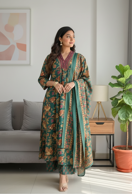 Women's Green Floral Anarkali Kurta Pant And Dupatta Set