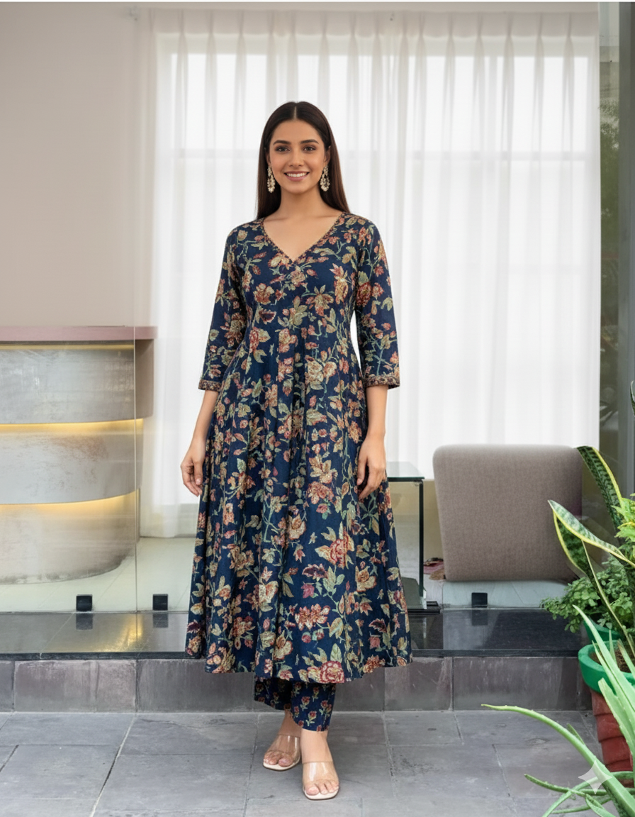 Women's Navy Blue Floral Anarkali Kurta Pant And Dupatta Set