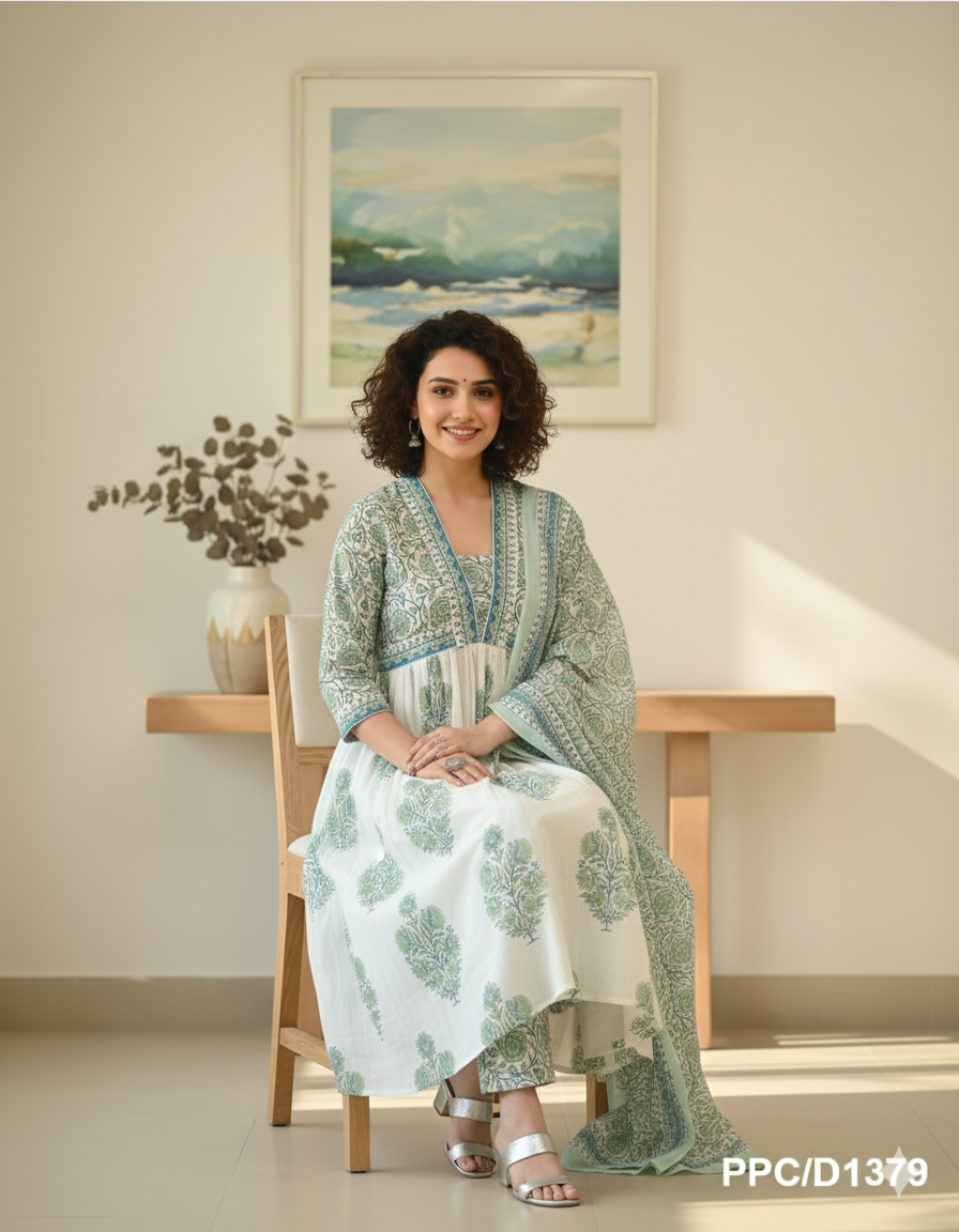 White & Green Cambric Cotton Mughal Butta Print Alia-Cut Kurta Pant & Dupatta Set