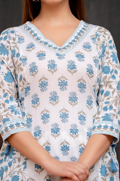 Blue Women's Beautiful Block Print Nyra-Cut Kurta Pant & Dupatta Set