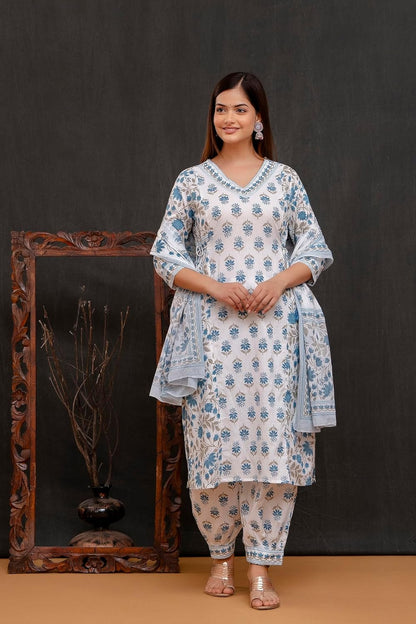 Blue Women's Beautiful Block Print Nyra-Cut Kurta Pant & Dupatta Set
