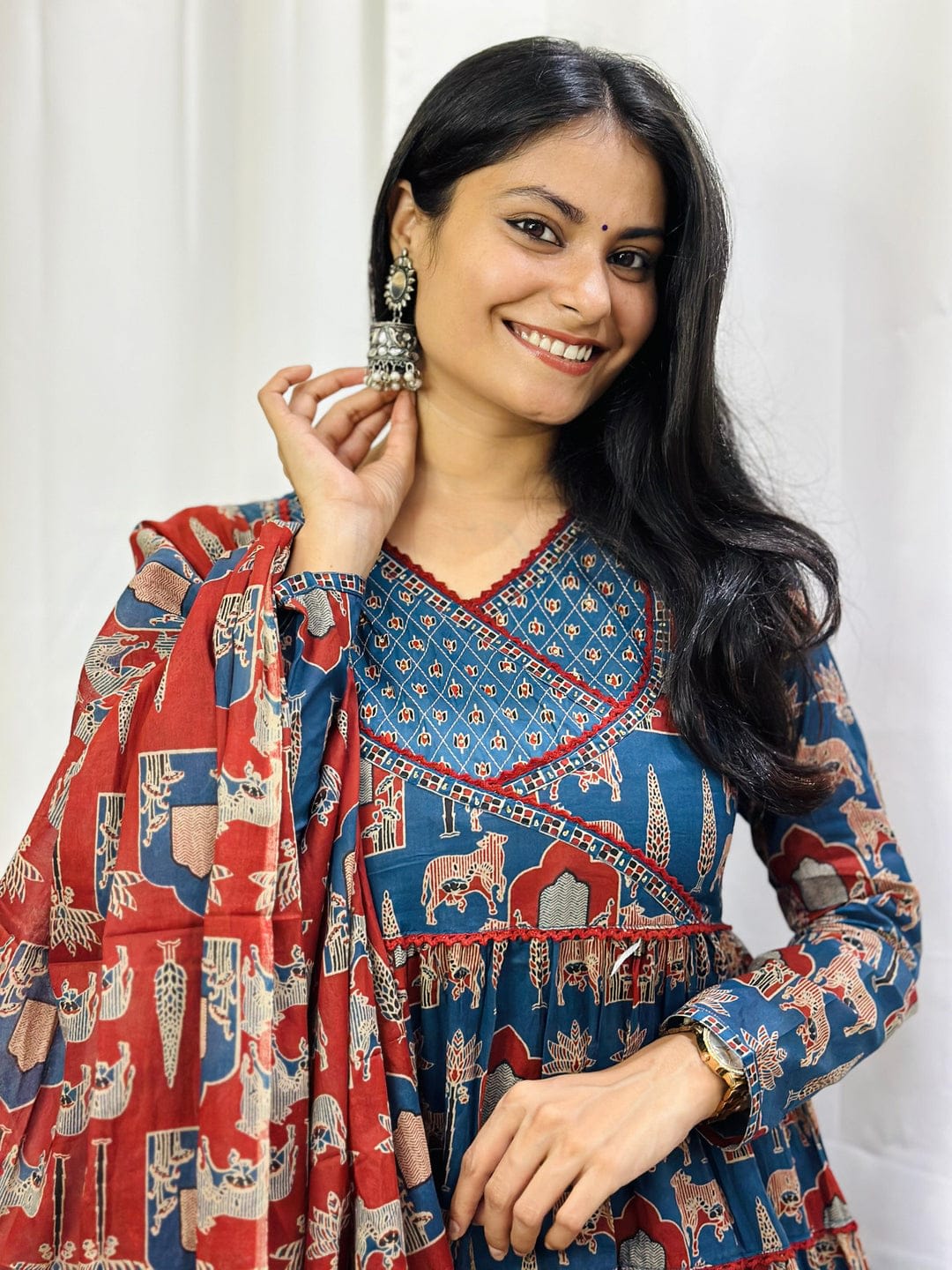 Blue Navy Blue Printed Cotton Angrakha Anarkali Style Trouser Suit