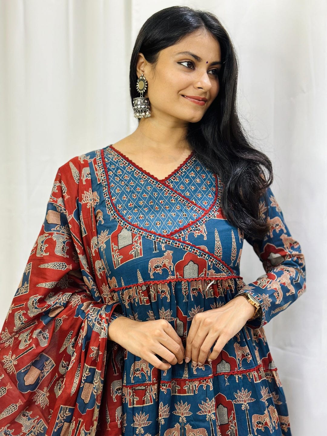 Blue Navy Blue Printed Cotton Angrakha Anarkali Style Trouser Suit