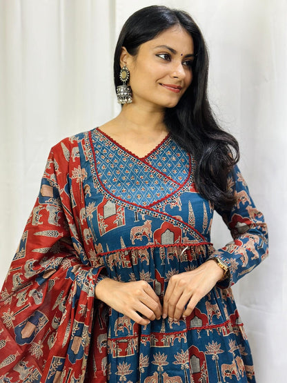 Blue Navy Blue Printed Cotton Angrakha Anarkali Style Trouser Suit