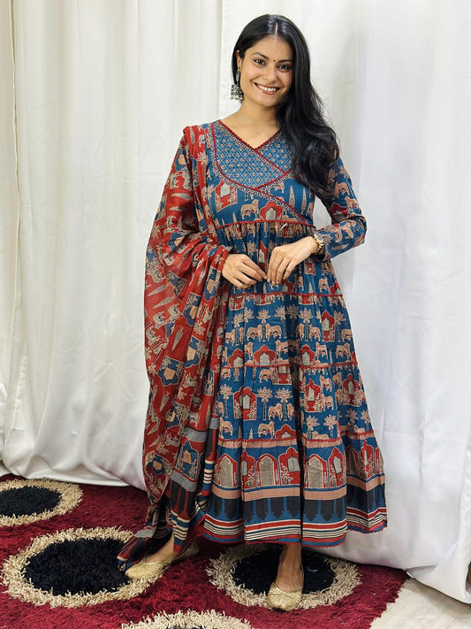 Blue Navy Blue Printed Cotton Angrakha Anarkali Style Trouser Suit